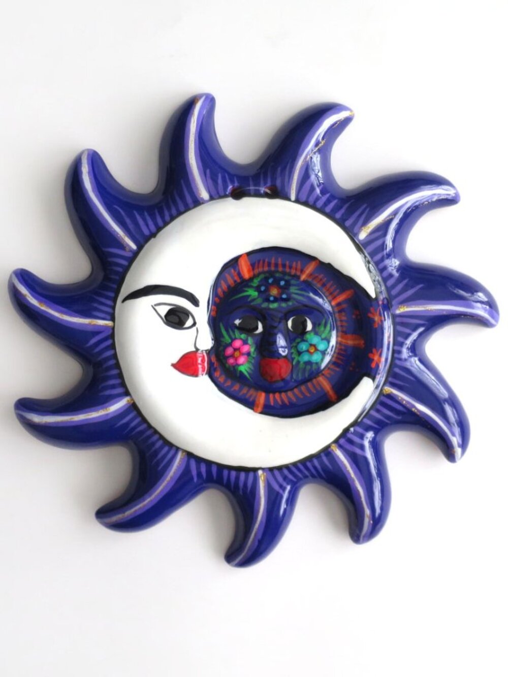 Mexican Folk Art Sun & Moon Hand Painted Pottery Wall Hanging